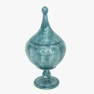 Handmade Signed Blue Mid Century Modern Styled Ceramics Covered Candy Dish